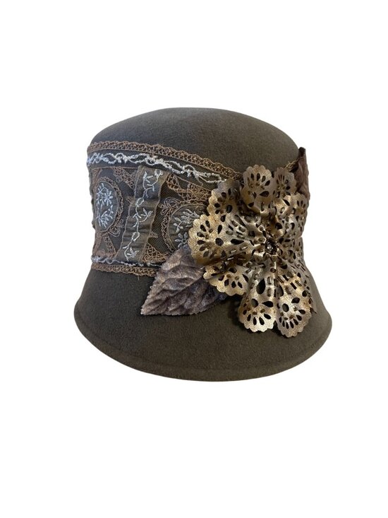 Louise Green Womens Wool Cloche Hat With Metallic Floral Lace Detail Deadstock main image 9